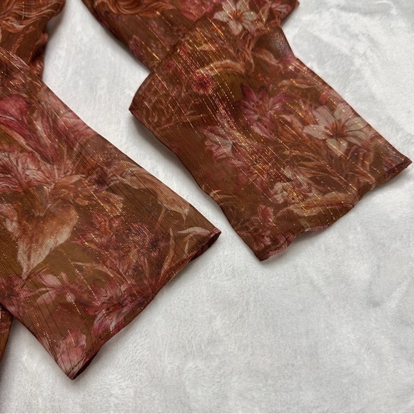 Marchesa Notte Floral Chiffon Asymmetrical Ruffle Dress in Rust Womens 8 - Picture 9 of 16